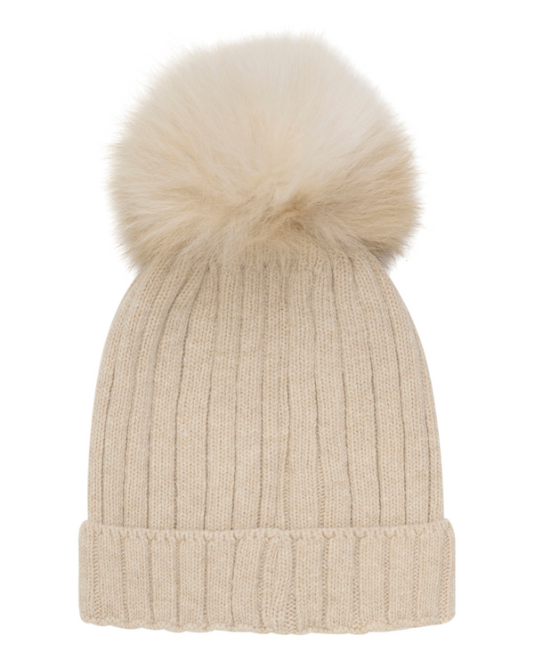 MERINO WOOL HAT WITH ALPACA POMPON WARMY BEIGE